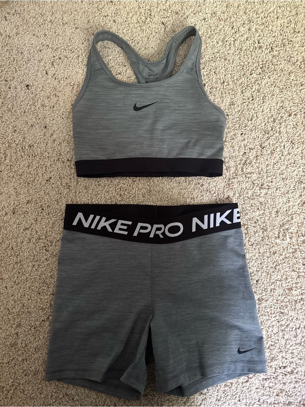 Nike Grey and Black Sports Bra & Pro Shorts Set (Small top Large bottom)
